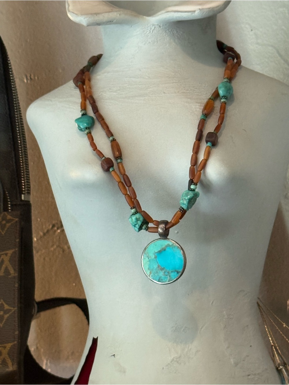 Turquoise Stone Pendant Double-Strand Brown Beaded Necklace